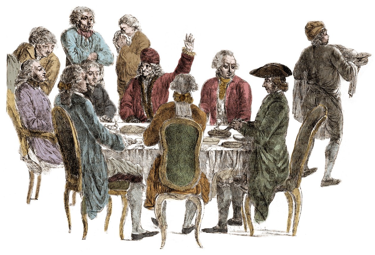 Het diner van de filosofen - Voltaire (Francois Marie Arouet) door Jean (after) Huber