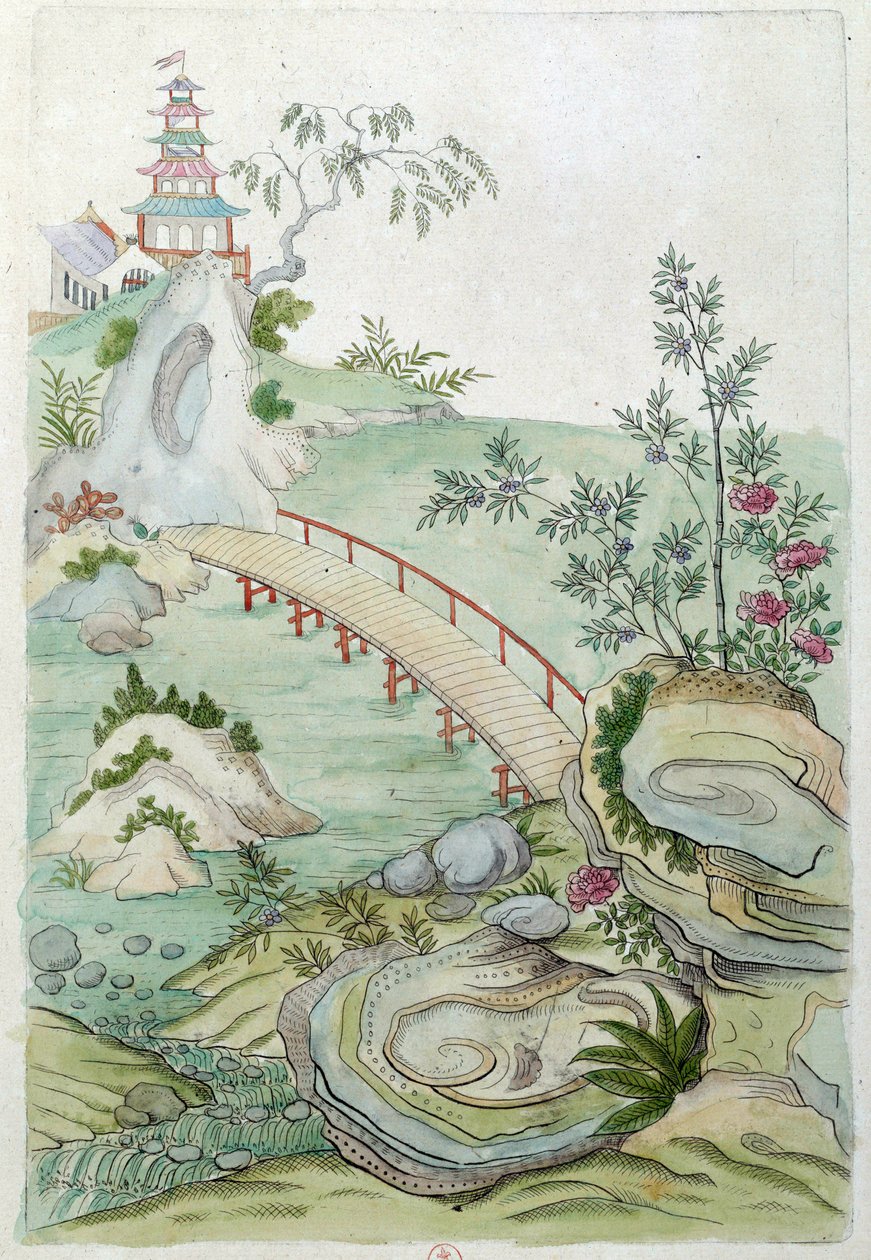 Tekening van een Chinese vaas: landschap met brug. Schilderij door Jean Antoine Fraisse (18e eeuw) door Jean Antoine Fraisse