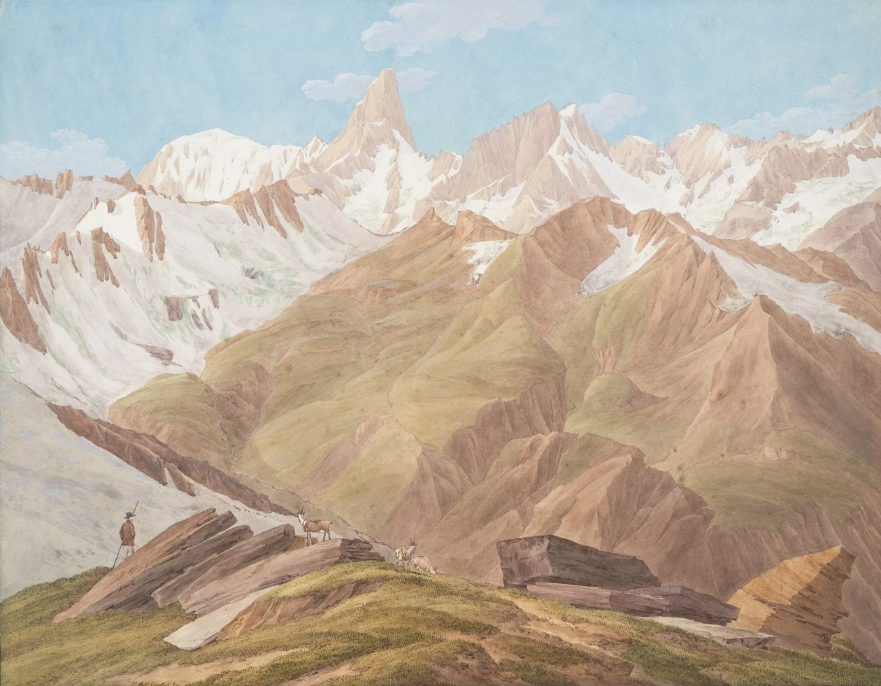 Uitzicht op het Massief van Mont Blanc nabij de Petit Jorasse, Grand Jorasse, le..., eind 18e-19e eeuw door Jean Antoine Linck