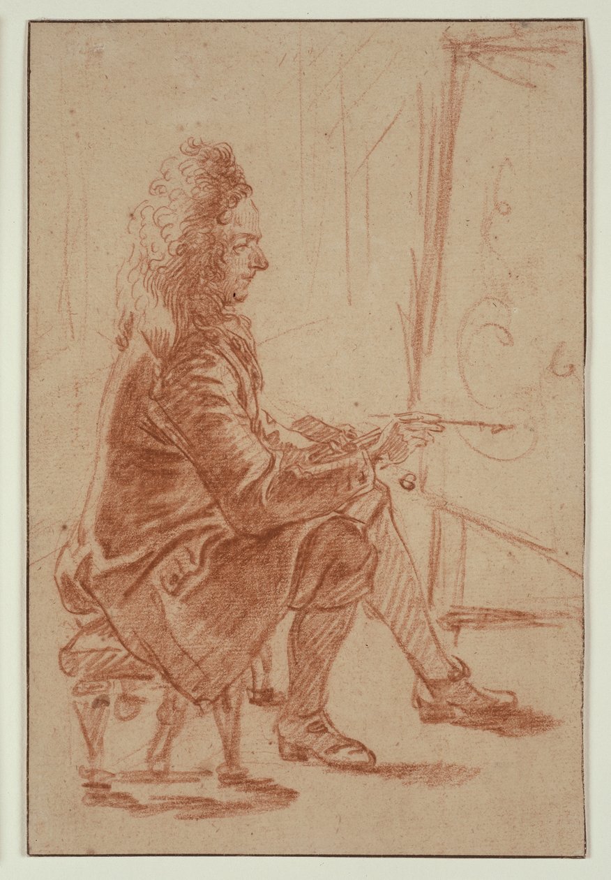 Een bebrilde schilder (mogelijk Claude Audran), c.1709 (rood krijt op buff gelegd papier, op crèmekleurig gelegde kaart) door Jean Antoine Watteau