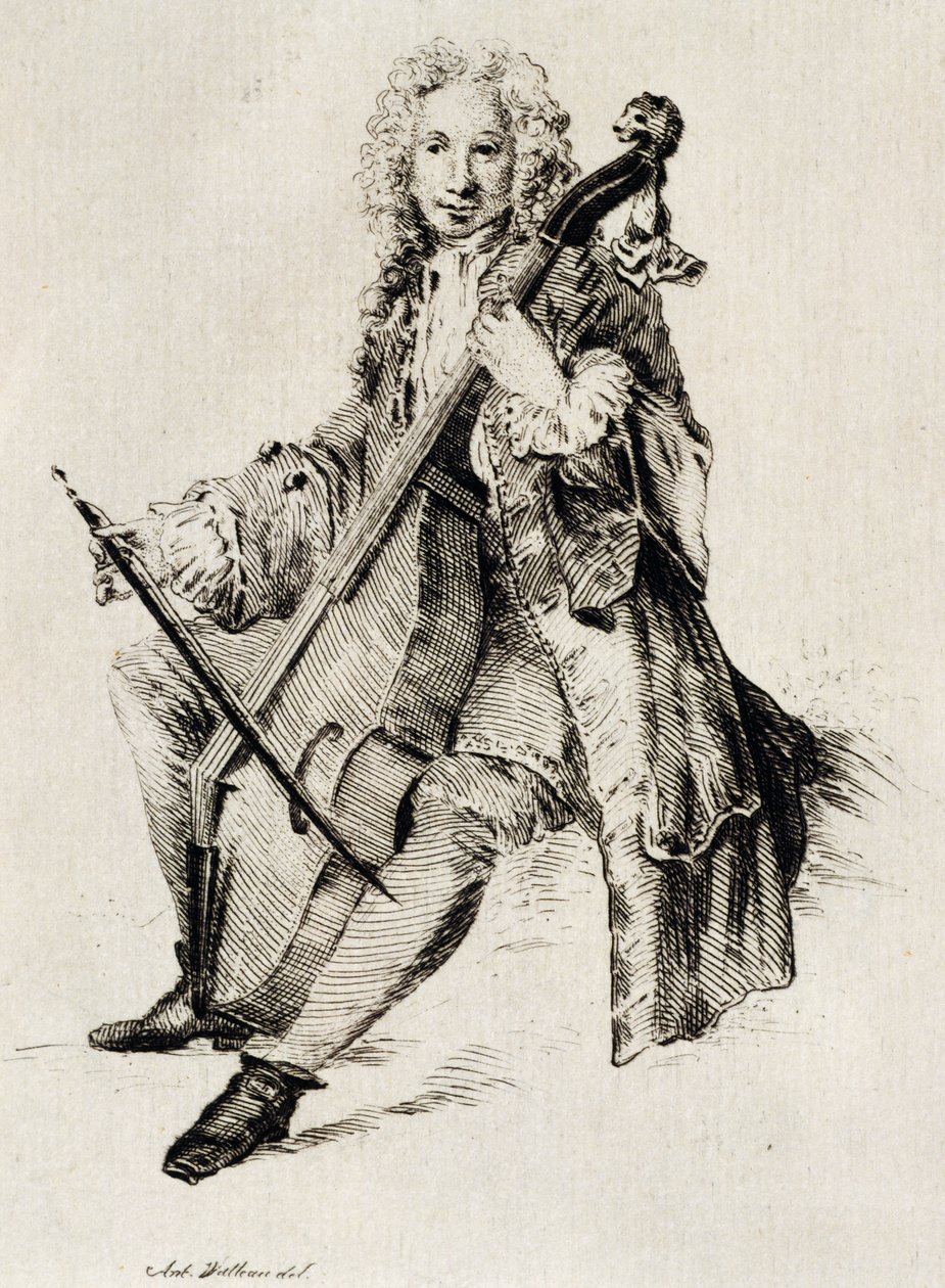 Cellospeler, gravure, Frankrijk door Jean Antoine Watteau