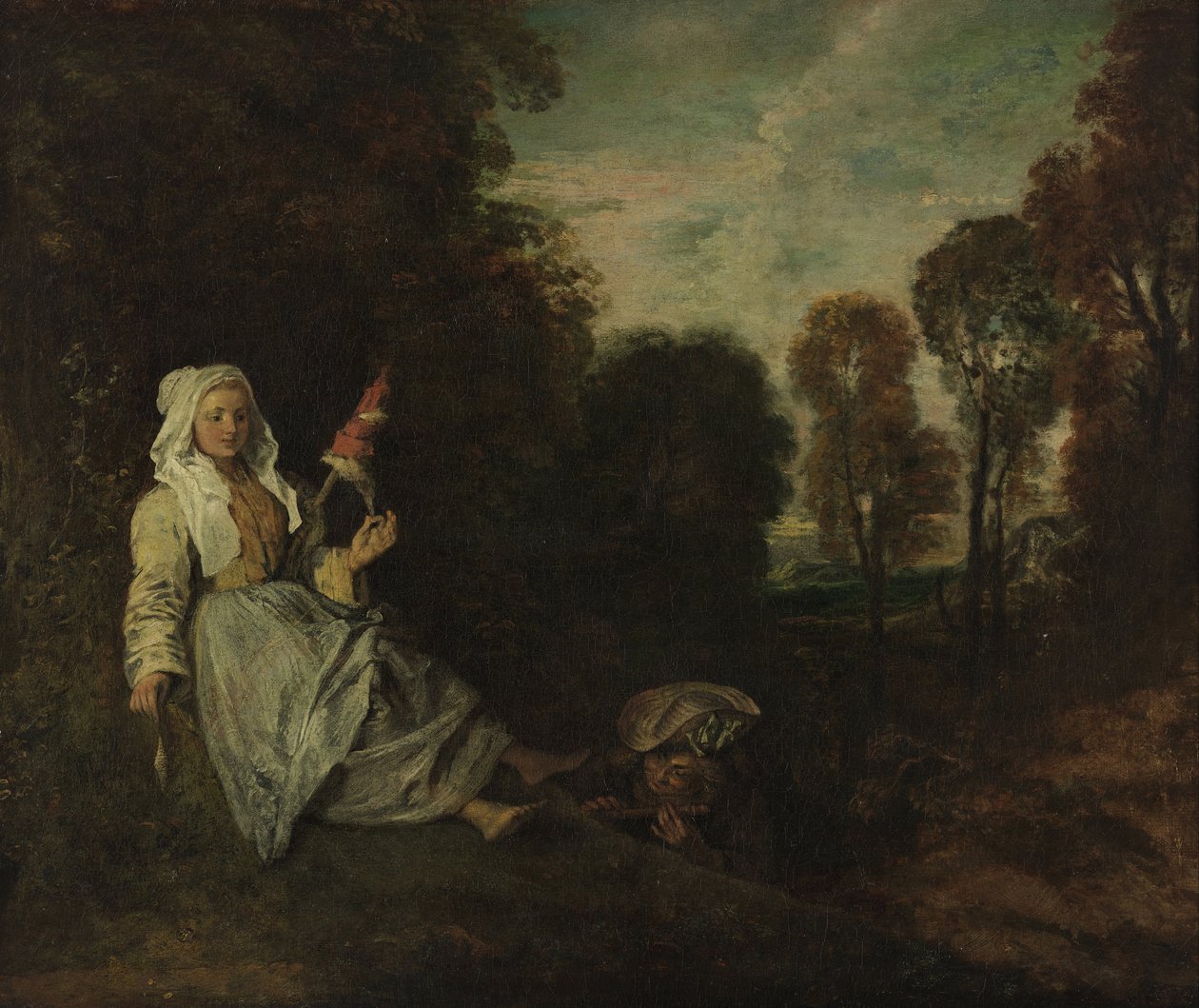 Avondlandschap met spinner door Jean Antoine Watteau