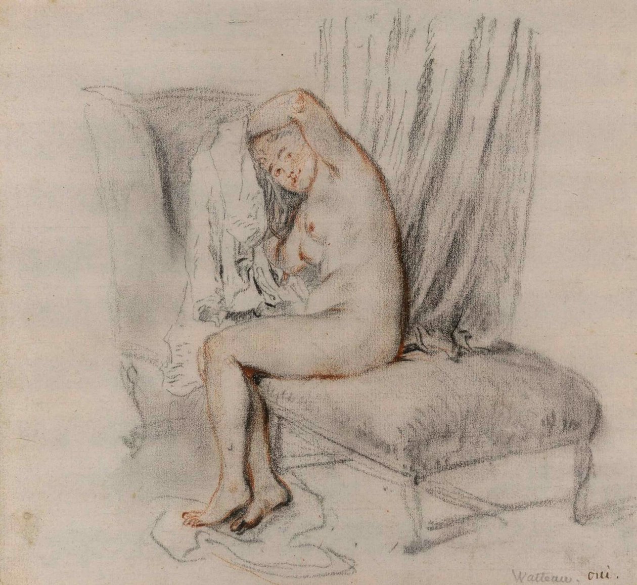 Naakte vrouw die haar hemd uittrekt door Jean Antoine Watteau