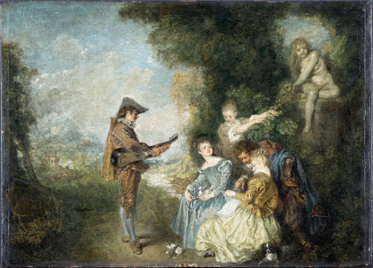 De liefdesles (scène in een tuin met standbeeld en muzikant) door Jean Antoine Watteau