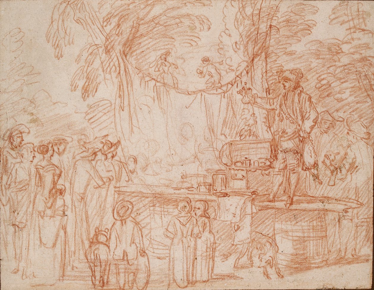 Kwaksalver die zijn waren verkoopt in de open lucht, ca. 1700-1720 door Jean Antoine Watteau