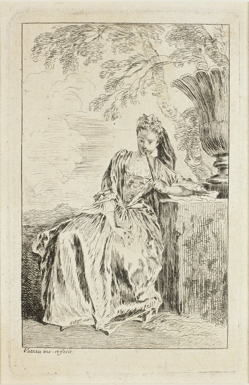Zittende vrouw, leunend op een voetstuk door Jean Antoine Watteau
