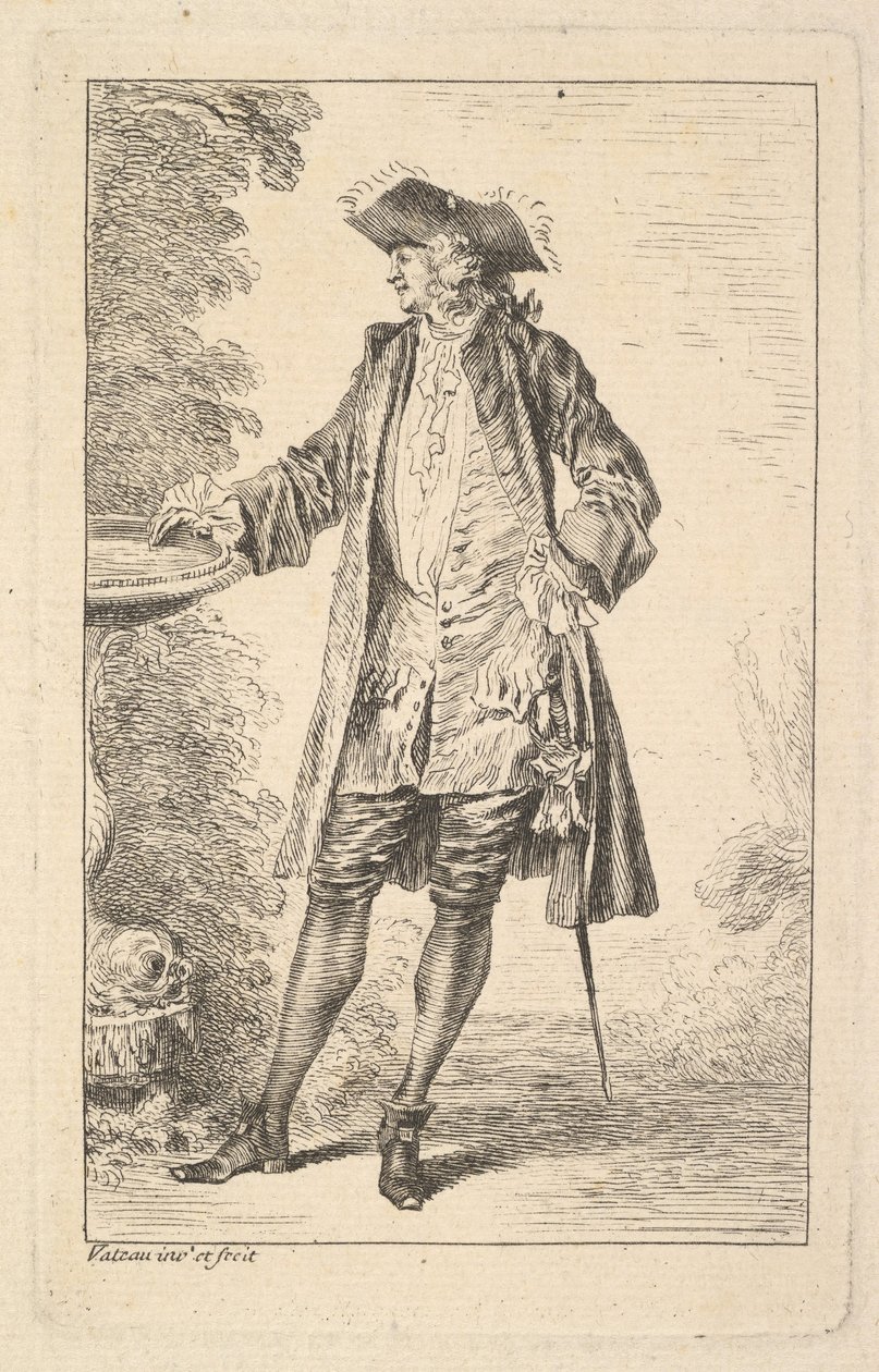 Staande man met zijn rechterhand rustend op een bassin, getoond in driekwart zicht, ca. 1710 door Jean Antoine Watteau