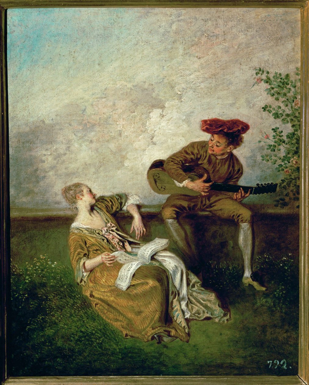 De zangles (schilderij op doek) door Jean Antoine Watteau