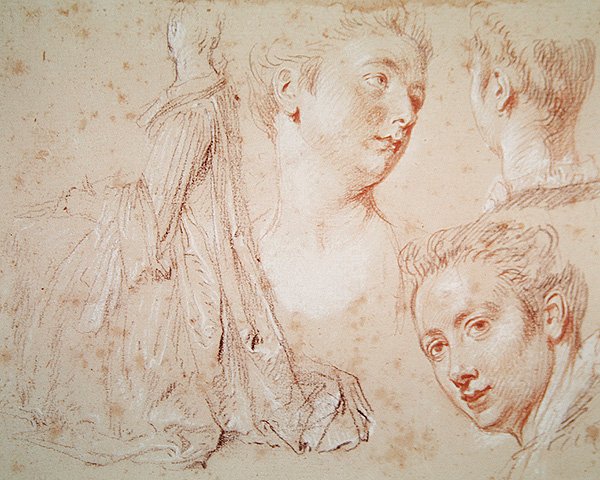 Drie Hoofden en een Zittende Vrouw door Jean Antoine Watteau