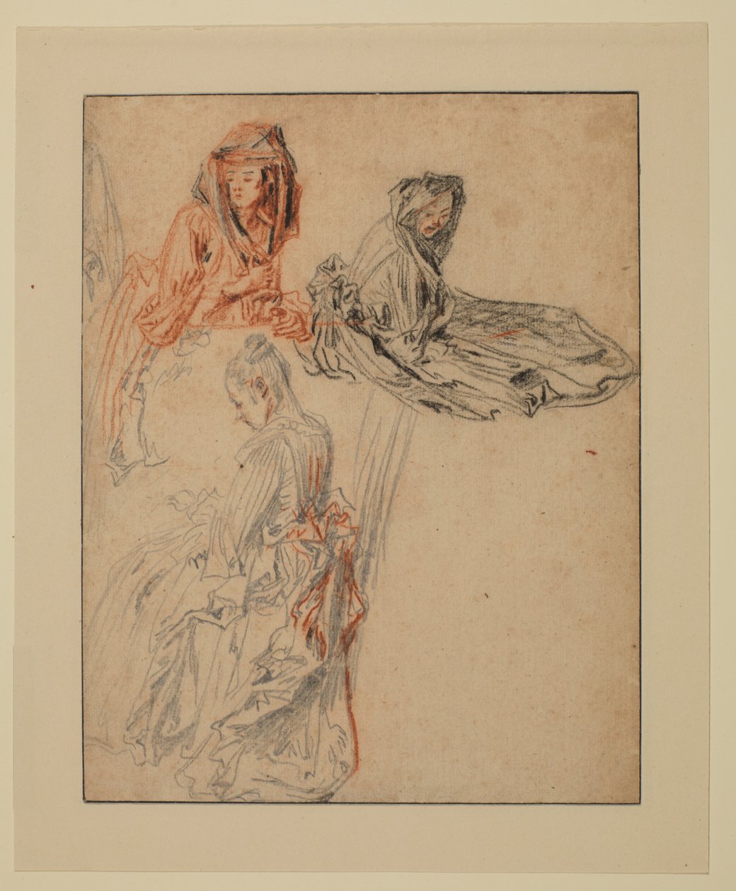 Drie studies van vrouwelijke figuren door Jean Antoine Watteau