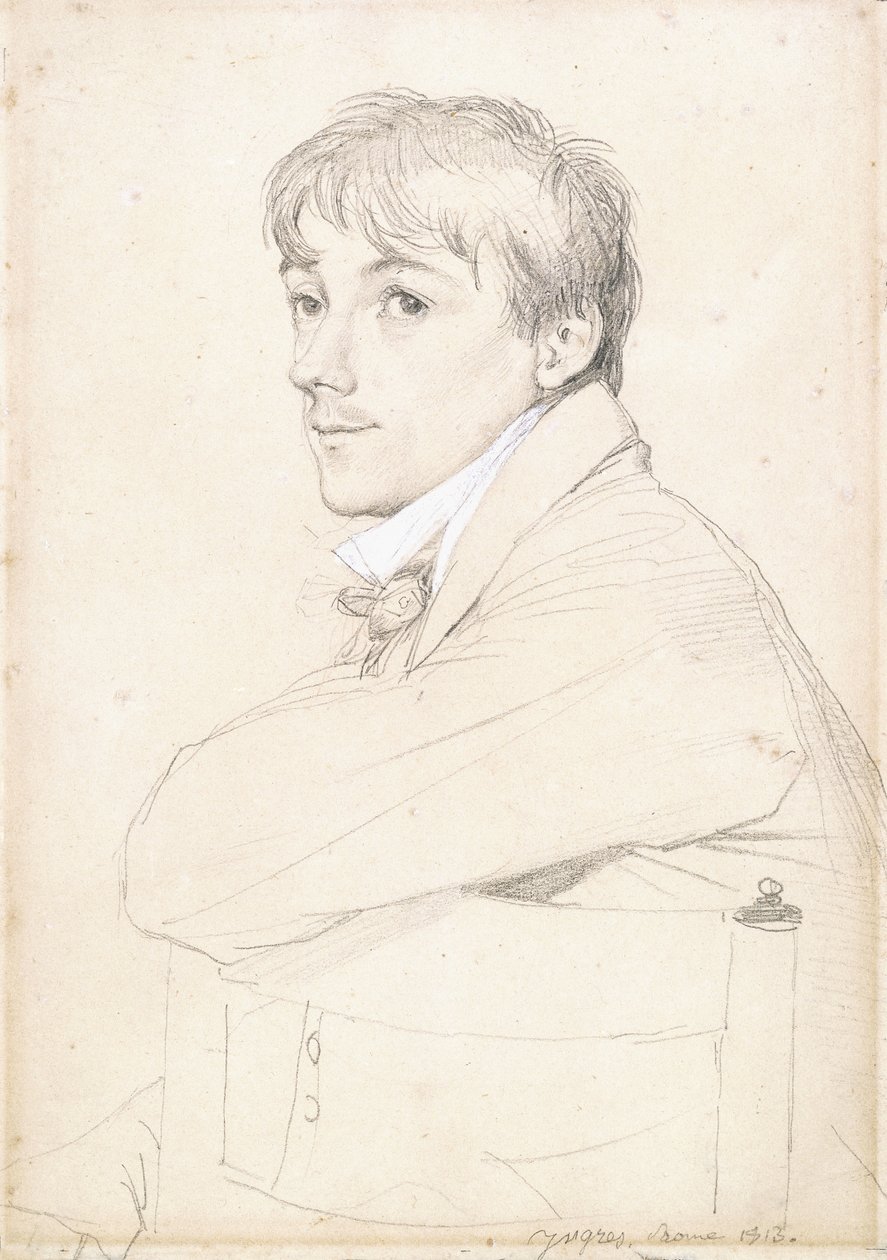 Jean-Louis Provost, zittend en rustend met zijn linkerarm op de rug van een stoel, 1813 door Jean Auguste Dominique Ingres