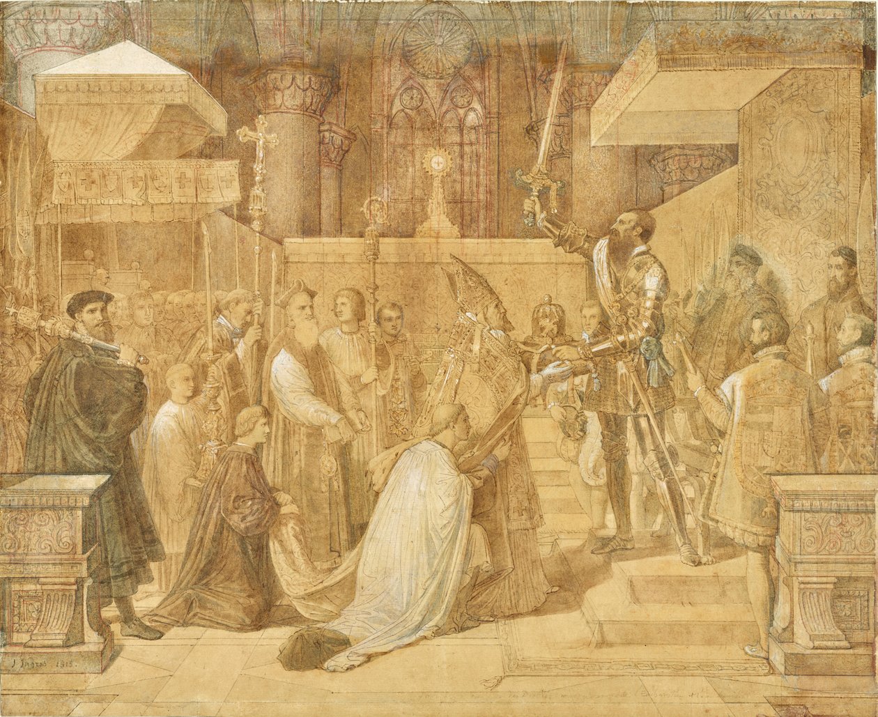De hertog van Alba ontvangt de zegen van de paus in de kathedraal Sainte-Gudule, Brussel door Jean Auguste Dominique Ingres