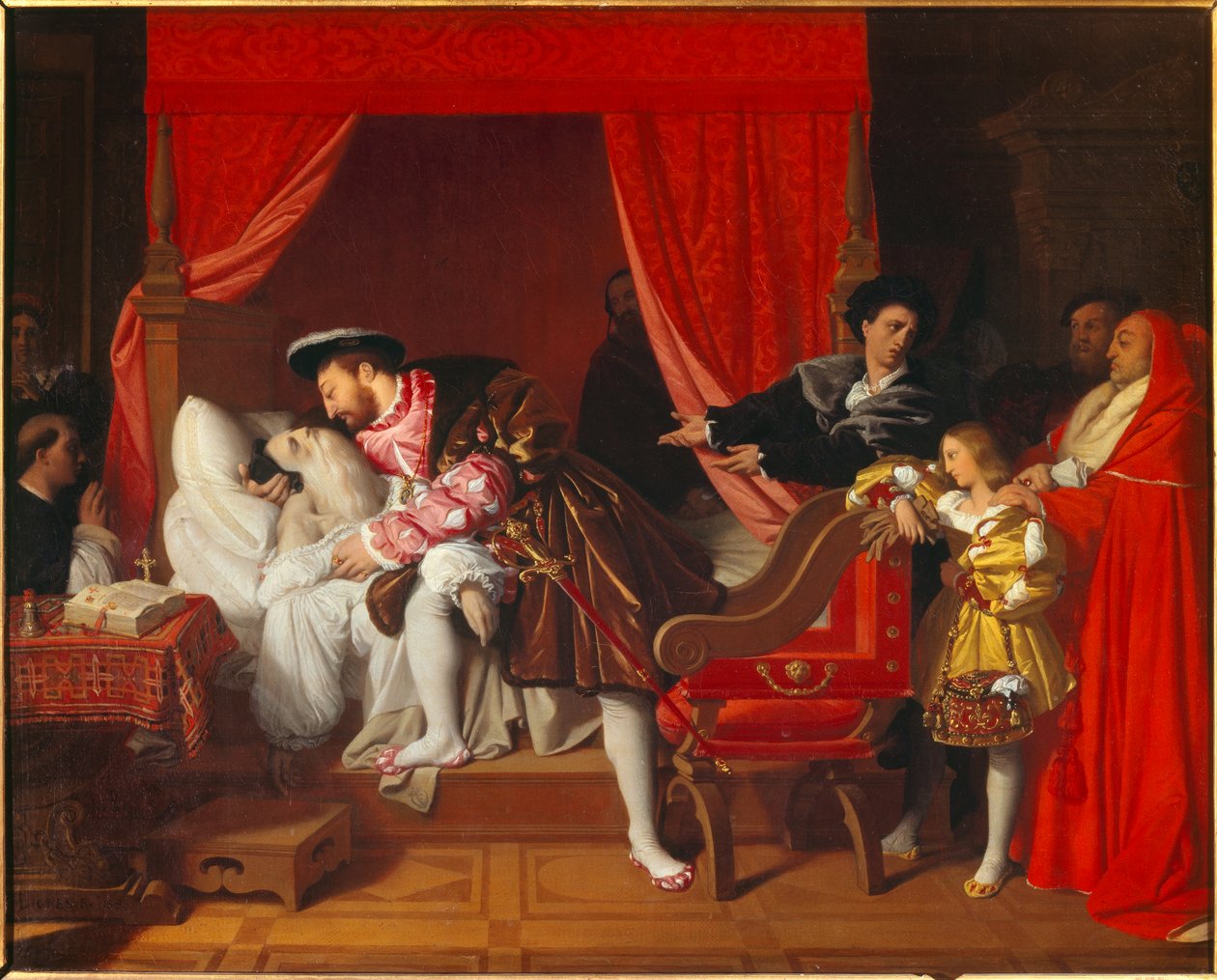 De koning van Frankrijk Francois I (1492-1547) ontvangt de laatste zuchten van Leonard de Vinci in Clos Lucé door Jean Auguste Dominique Ingres