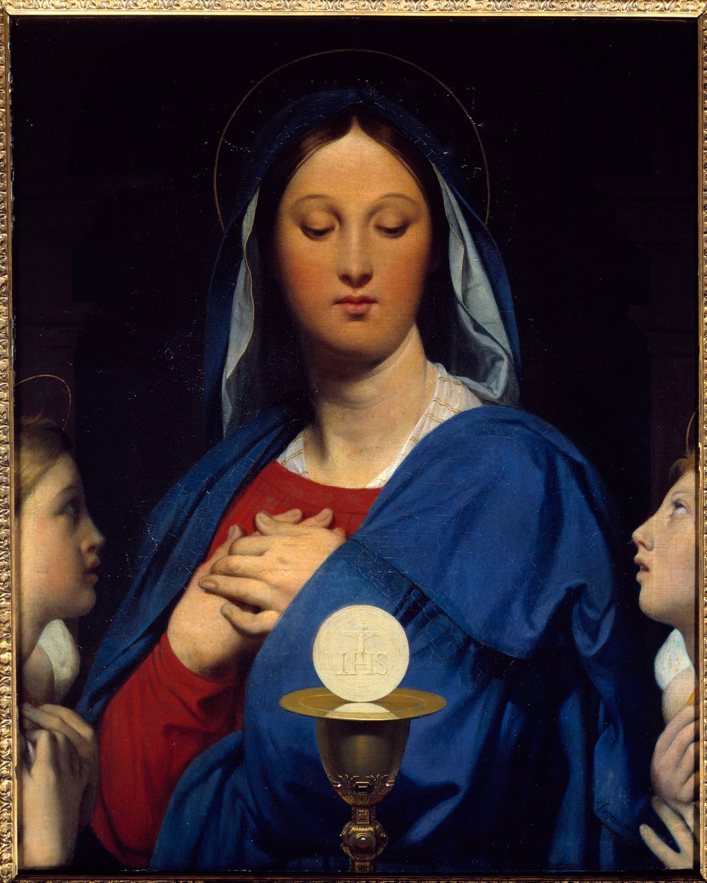 De maagd heeft de hostie. Symbolen van de communie: Object van de Eucharistie (de hostie als het lichaam van Christus en de wijn van de kelk als zijn bloed). Schilderij door Jean Auguste Dominique Ingres (1780-1867) door Jean Auguste Dominique Ingres