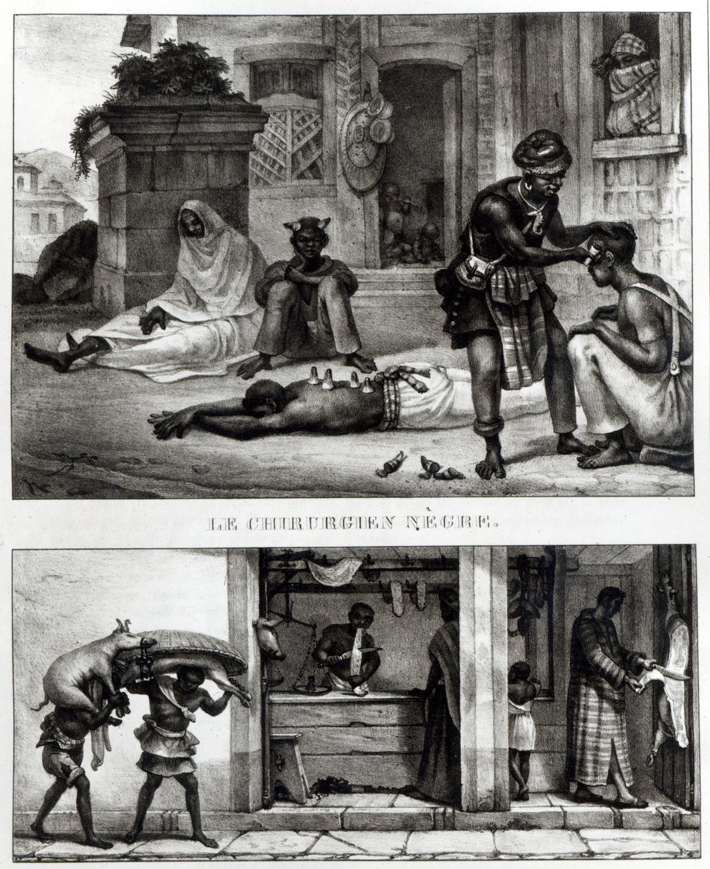 Een zwarte chirurg; winkel van een varkensvleesverkoper door Jean Baptiste (after) Debret
