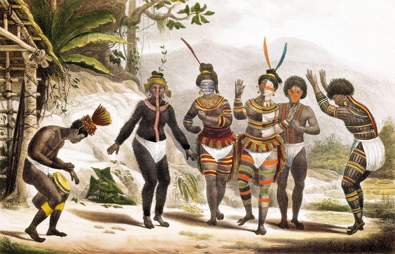 San Jose Missie: Dansende Zuid-Amerikaanse Indianen, Brazilië door Jean Baptiste (after) Debret