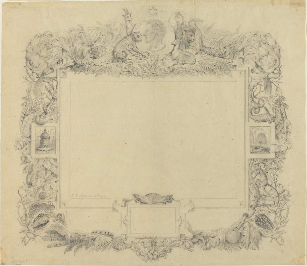 Ontwerp voor een rand met een portret van Baron Cuvier door Jean Baptiste Arnout