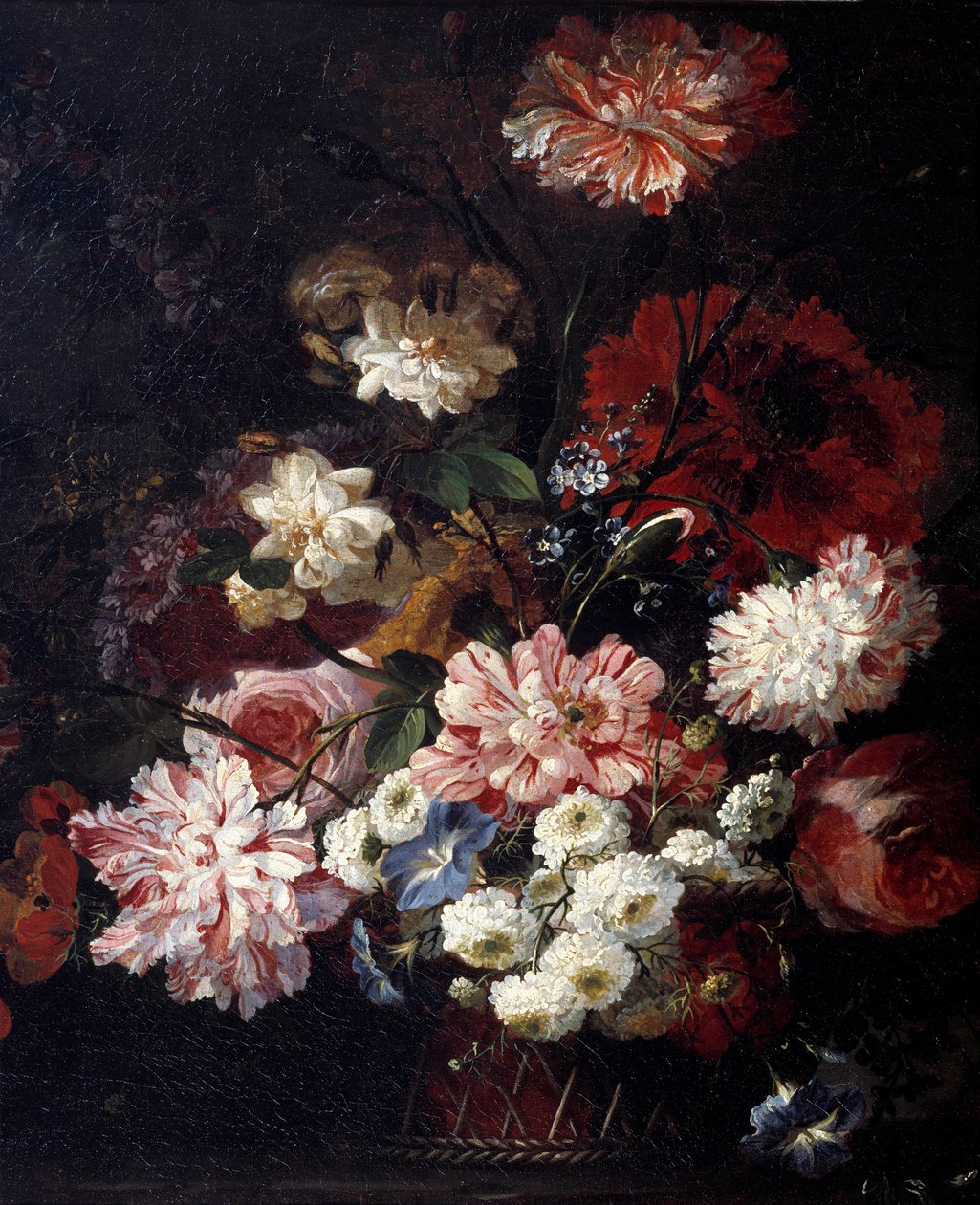Mand met bloemen op een tafel door Jean Baptiste Belin de Fontenay