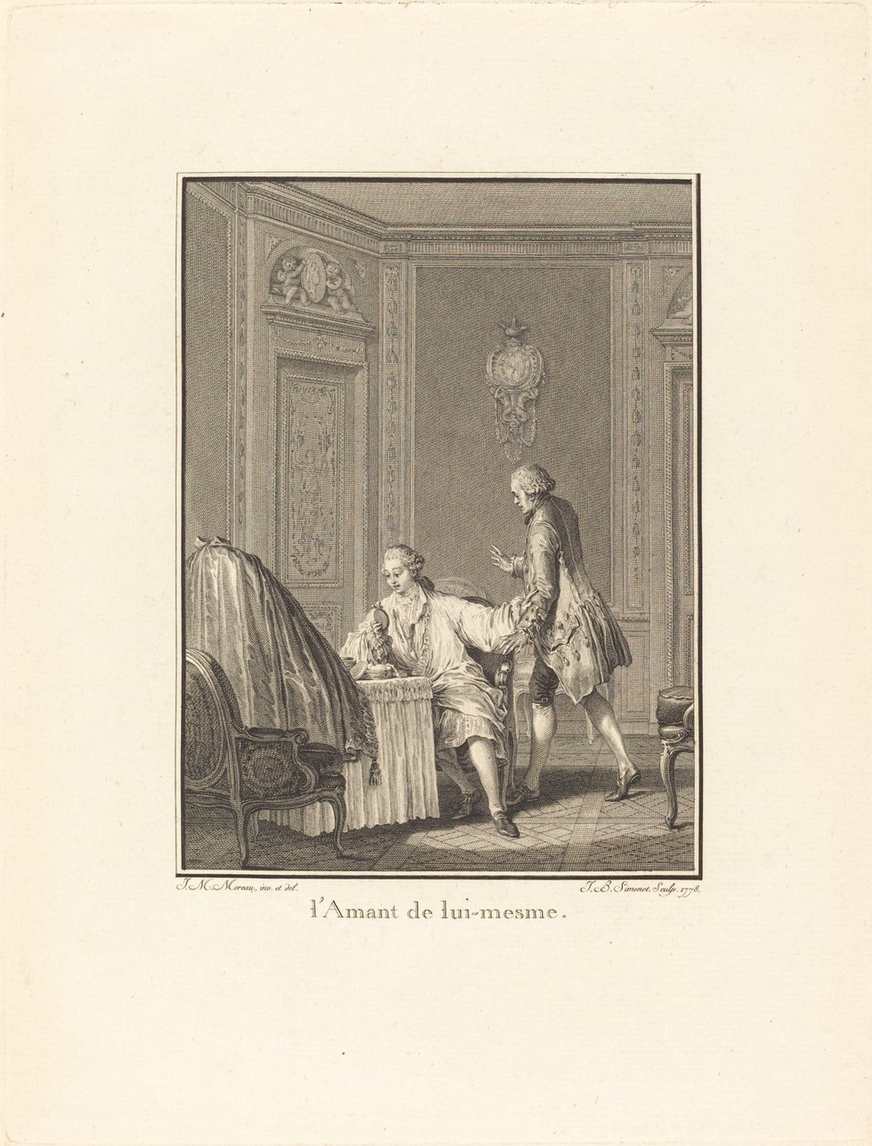 De Minnaar van Zichzelf door Jean Baptiste Blaise Simonet after Jean Michel Moreau