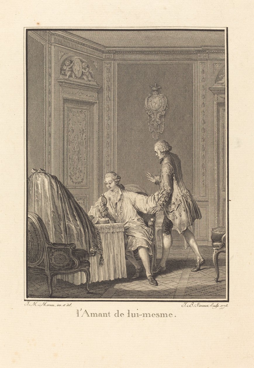 De minnaar van zichzelf door Jean Baptiste Blaise Simonet after Jean Michel Moreau
