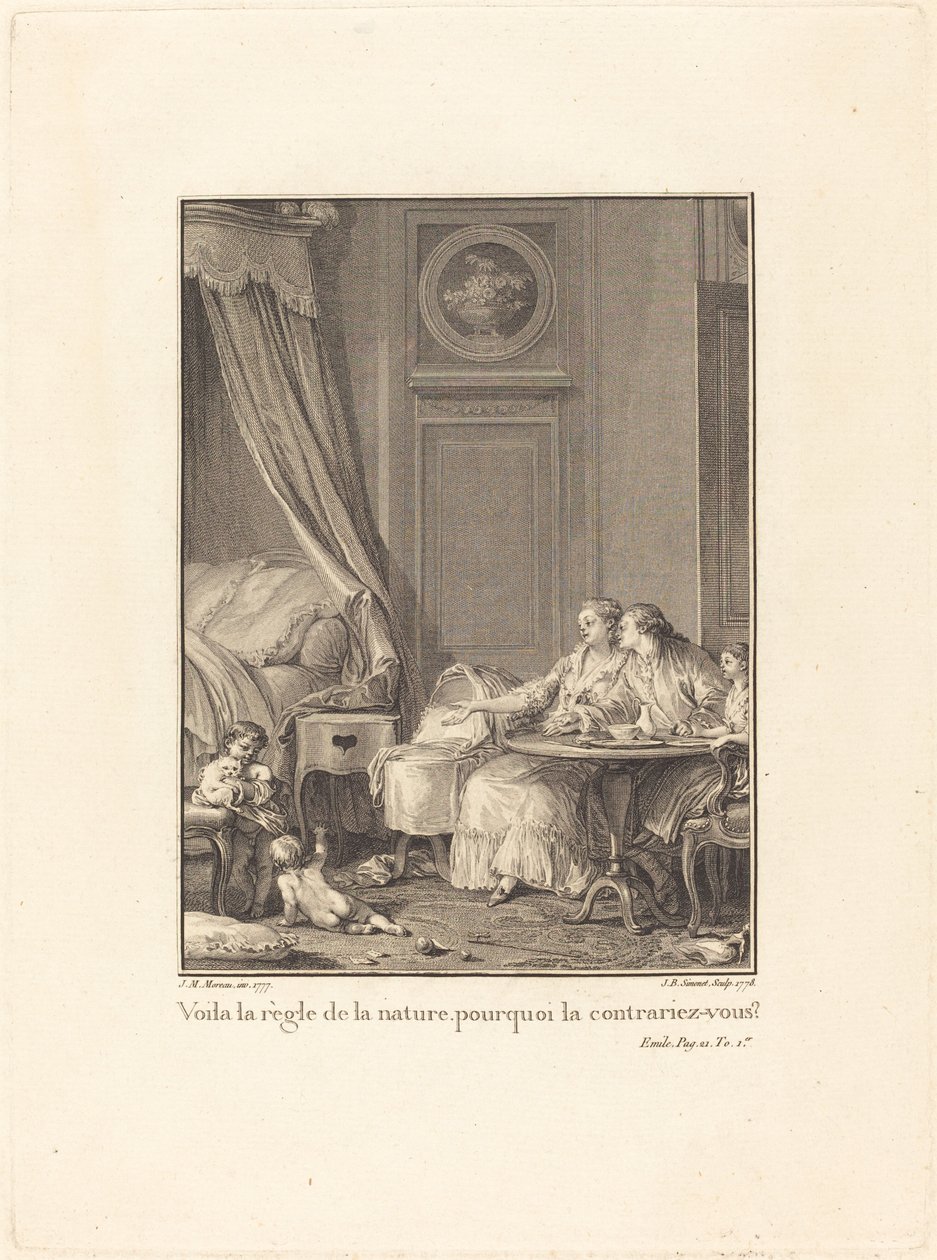 Dit is de regel van de natuur, waarom verzet je je ertegen? door Jean Baptiste Blaise Simonet after Jean Michel Moreau