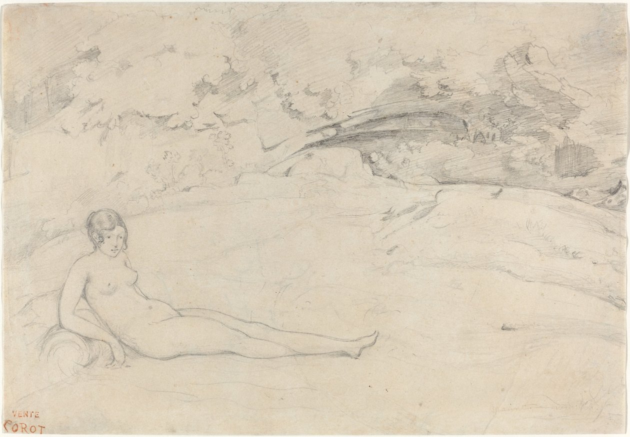Een naakte liggend in een landschap door Jean Baptiste Camille Corot