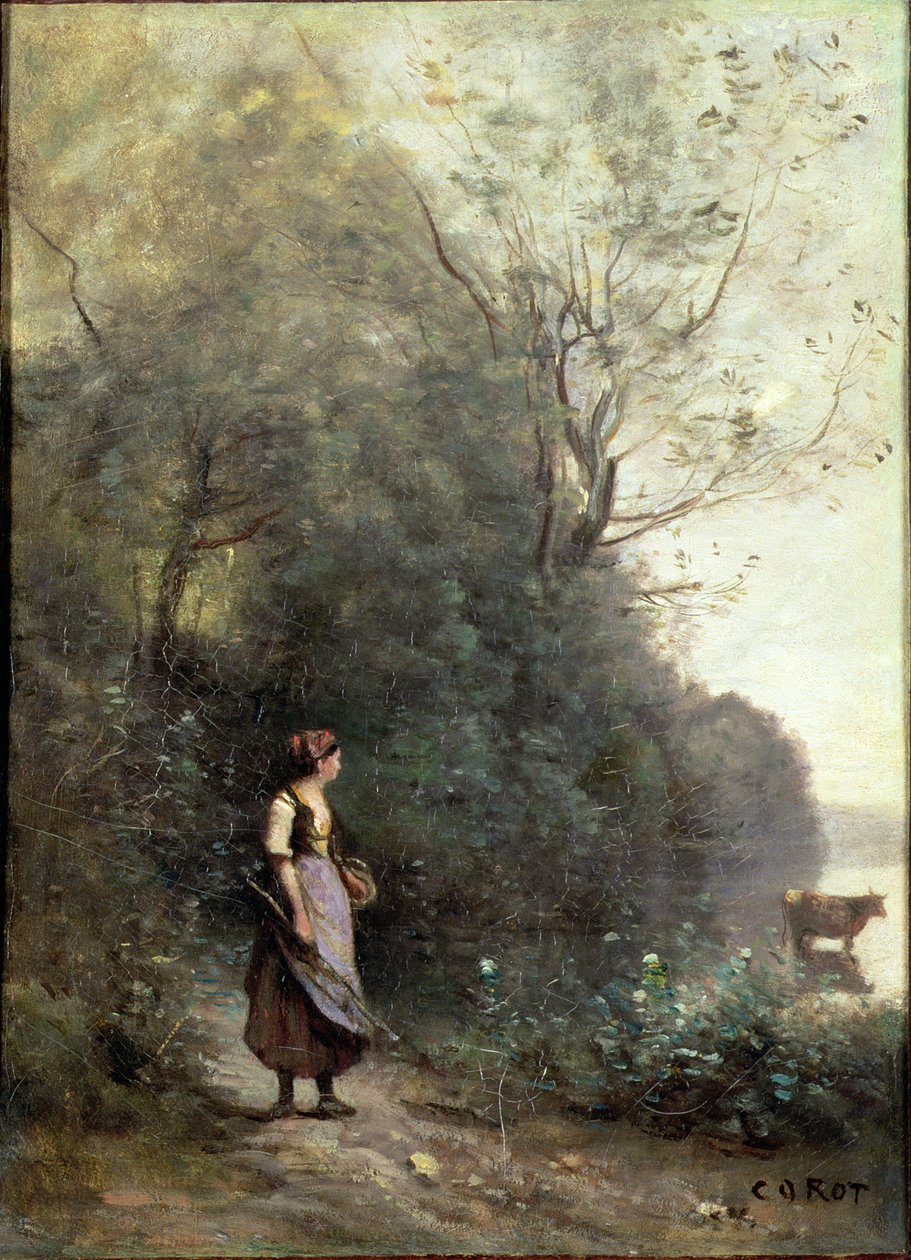 Een boerin die een koe laat grazen aan de rand van een bos, ca. 1865-70 door Jean Baptiste Camille Corot