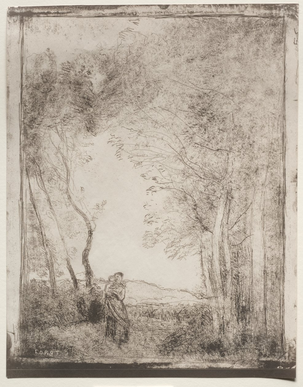 Een Jonge Moeder bij de Ingang van een Bos door Jean Baptiste Camille Corot