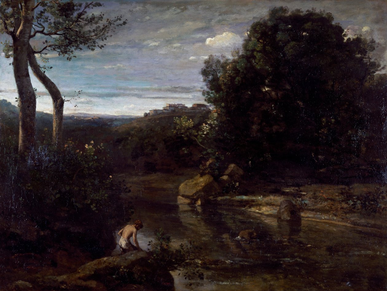 Een dominee die baadt door Jean Baptiste Camille Corot