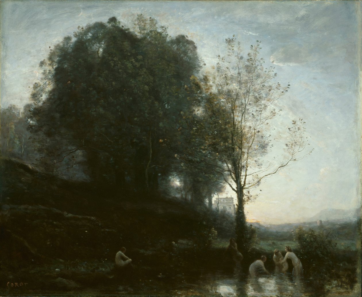 Badenimfen en kind, 1855-1860 door Jean Baptiste Camille Corot