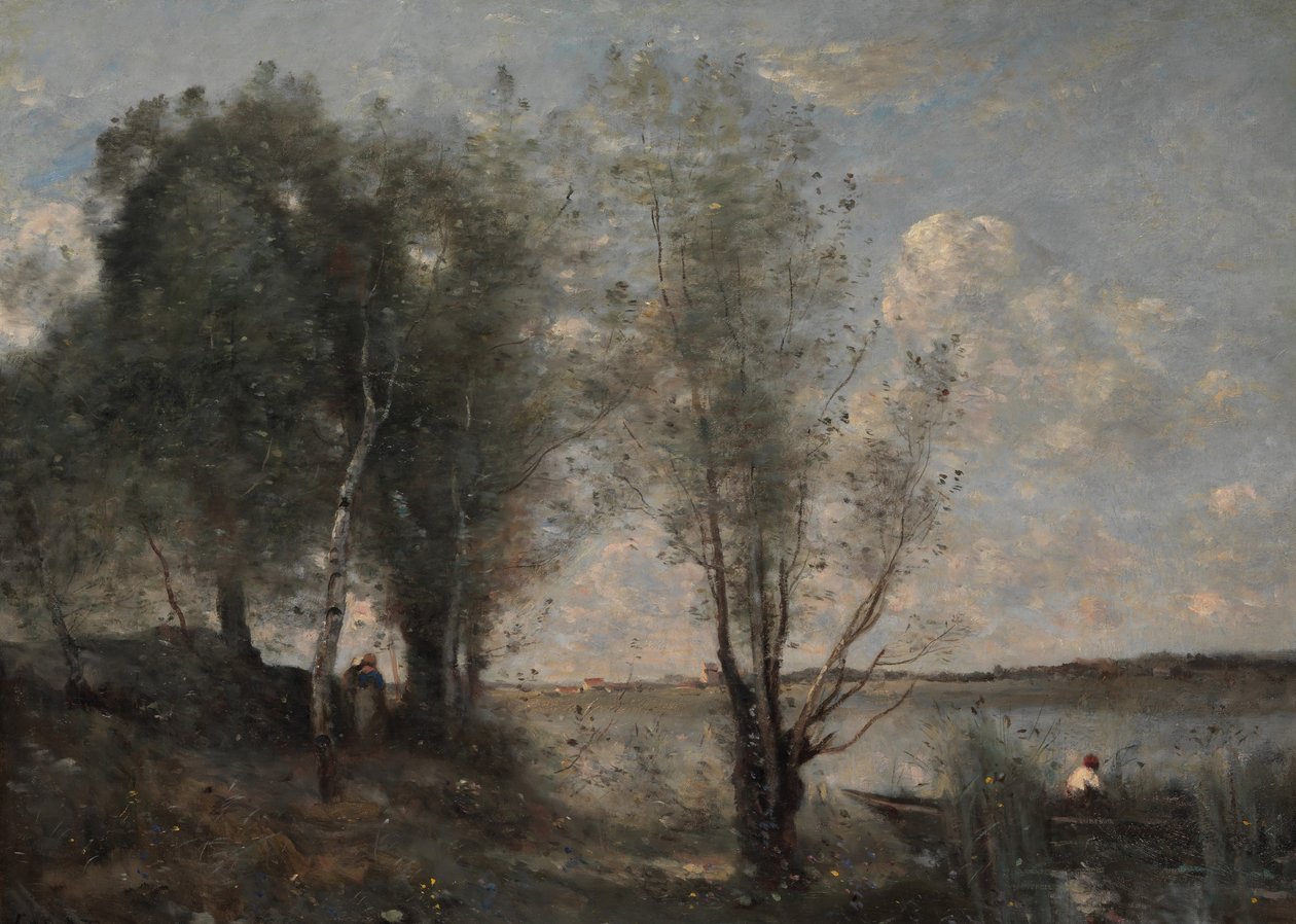 Bootman tussen het riet, ca. 1865 door Jean Baptiste Camille Corot