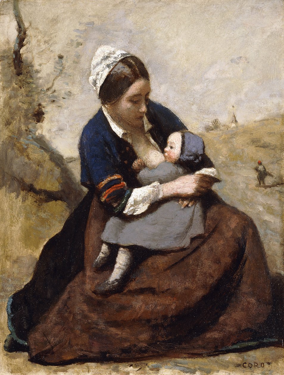 Bretonse Moeder die haar Kind Borstvoeding Geeft door Jean Baptiste Camille Corot