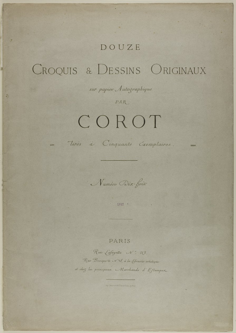 Omslag en tekst voor Album Douze Croquis et Dessins Originaux door Jean Baptiste Camille Corot