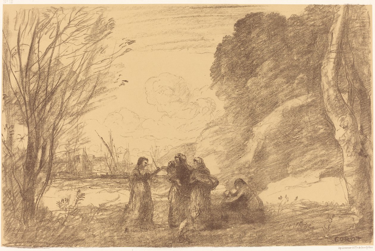 Familie in Terracina door Jean Baptiste Camille Corot