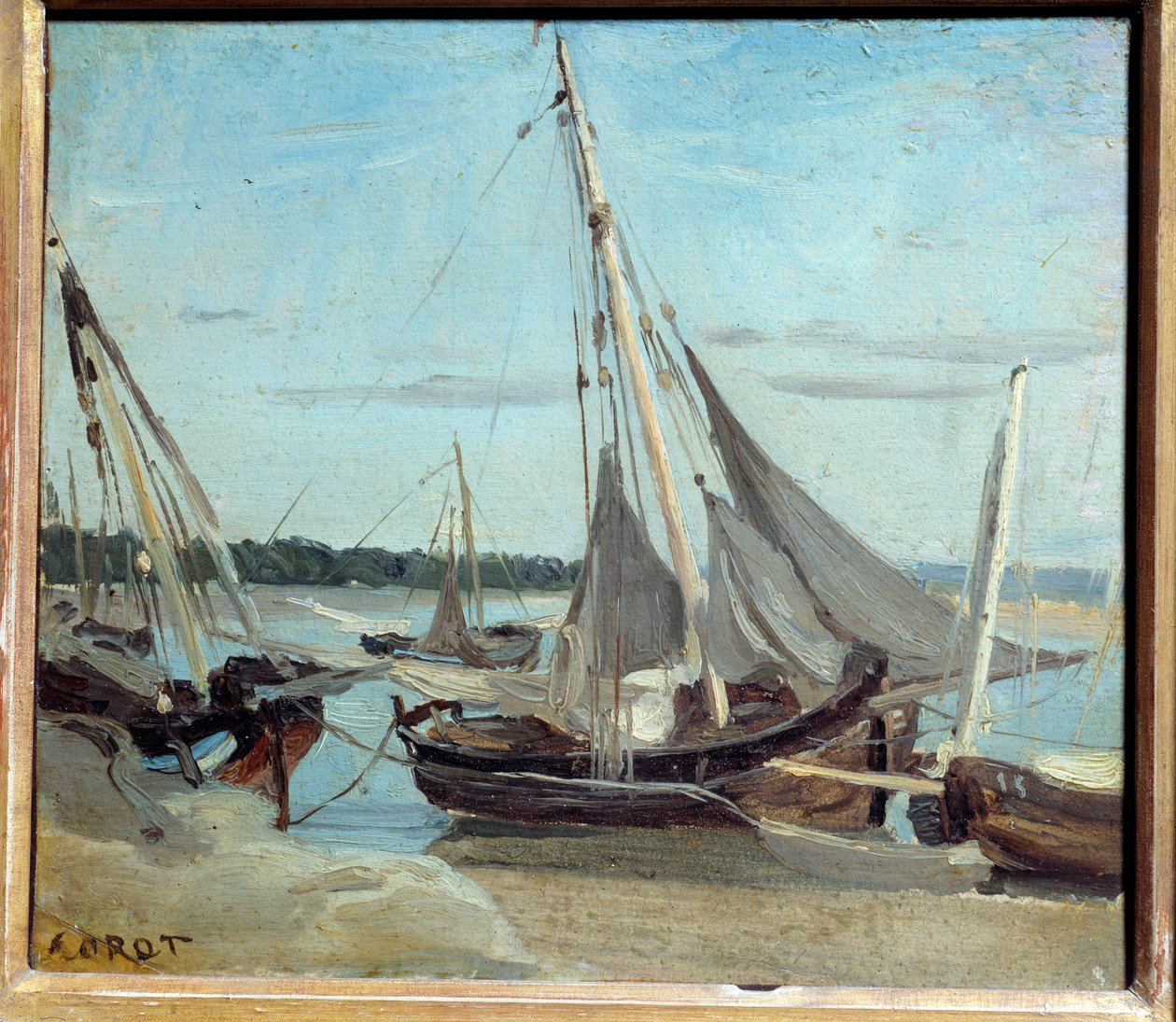 Vissersboten in het kanaal van Trouville door Jean Baptiste Camille Corot