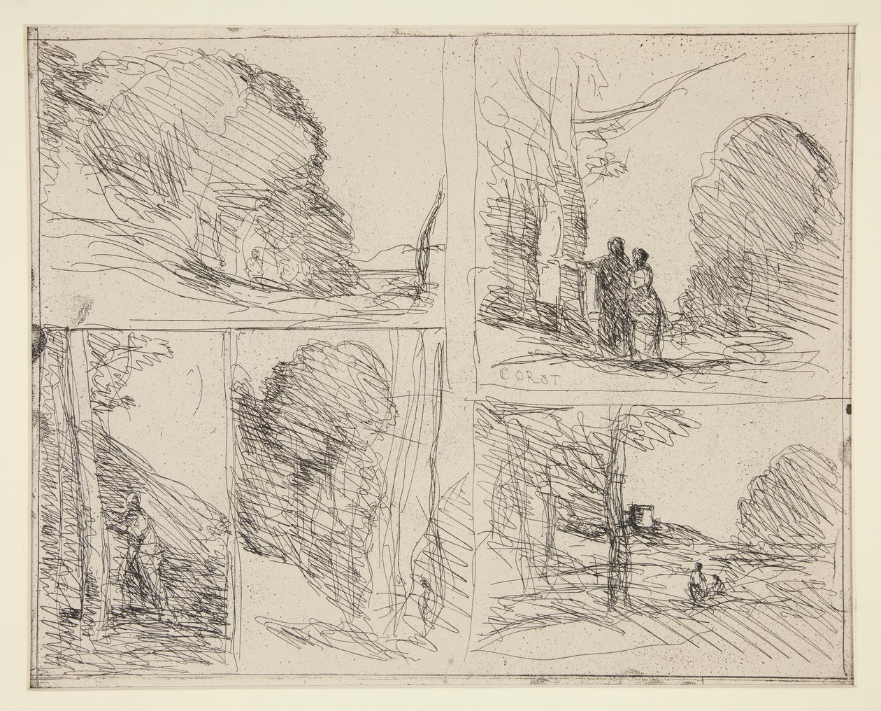 Vijf Schetsen: 1. Le Jardin de Périclès (De Tuin van Pericles) 2. L door Jean Baptiste Camille Corot