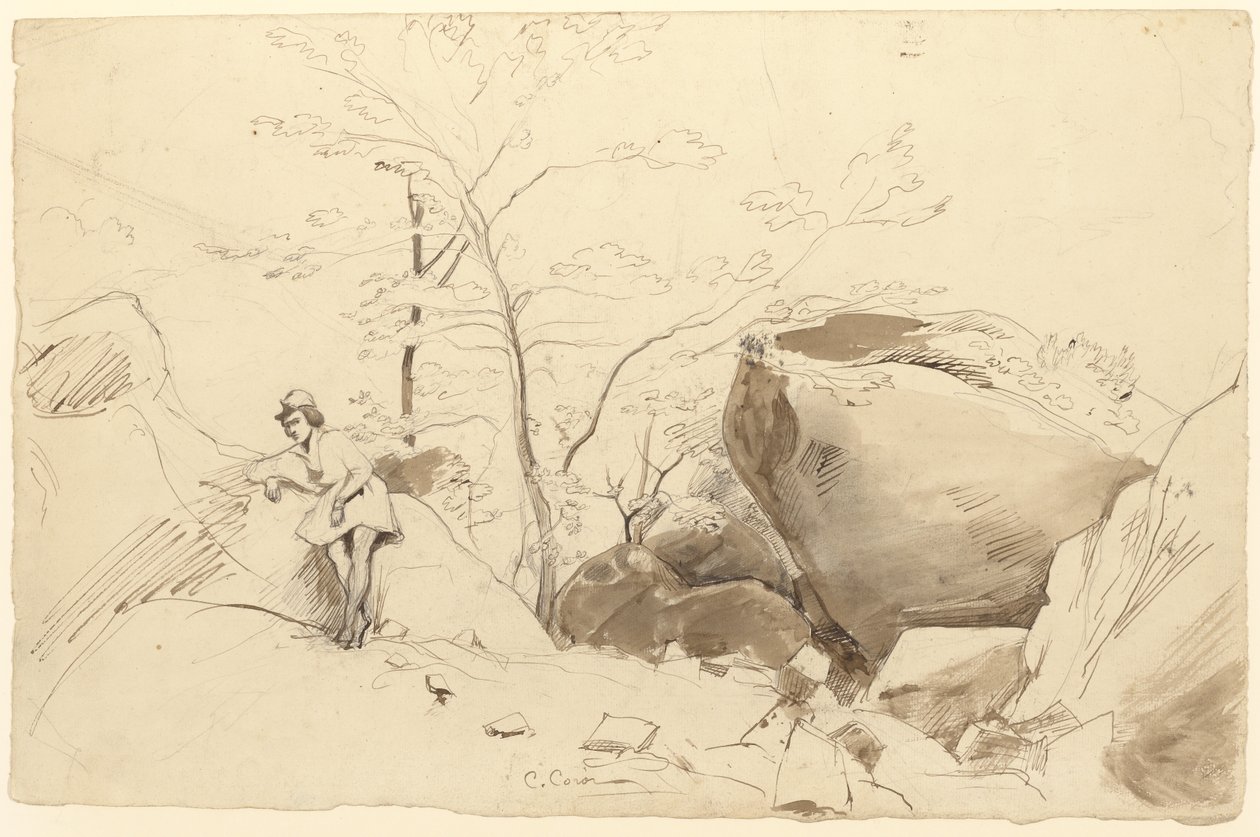 Fontainebleau, figuur leunend tegen een rots door Jean Baptiste Camille Corot