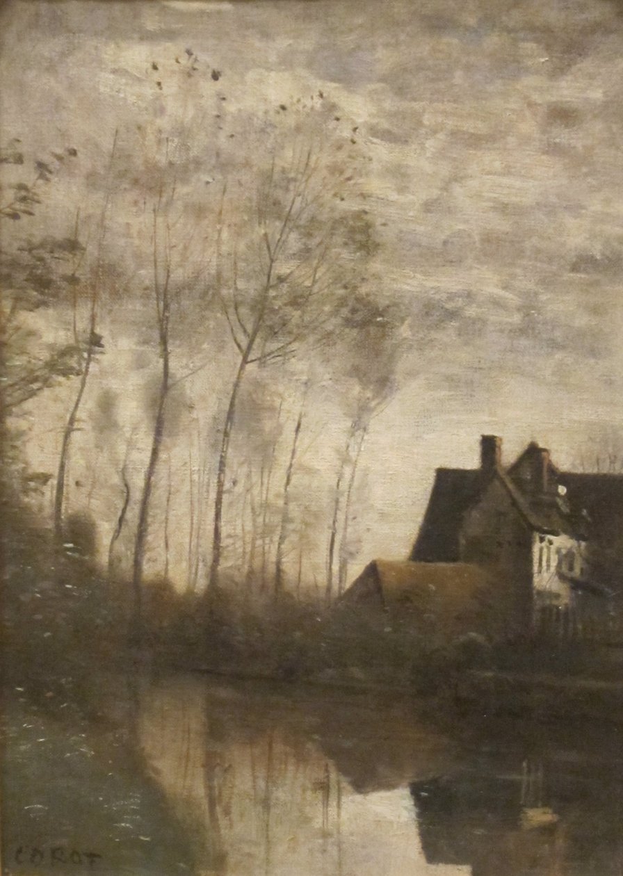 Frans: Scène de rivière avec maisons et peupliers Een rivierscène met huizen en populieren door Jean Baptiste Camille Corot