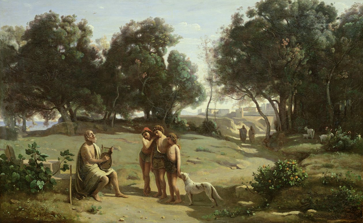 Homerus en de herders in een landschap door Jean Baptiste Camille Corot