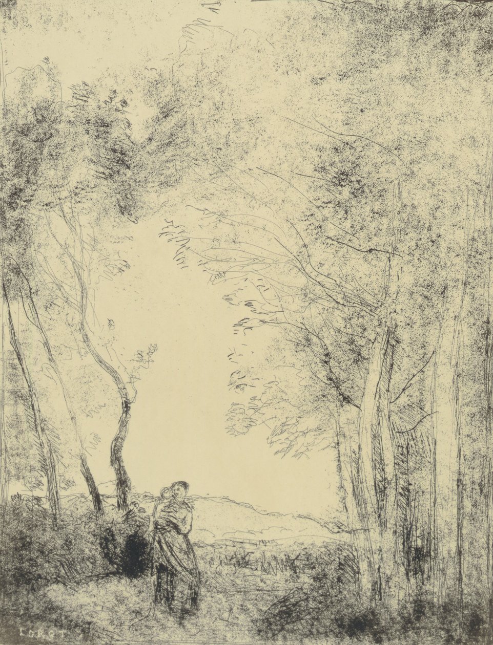 Jonge moeder bij de ingang van een bos door Jean Baptiste Camille Corot