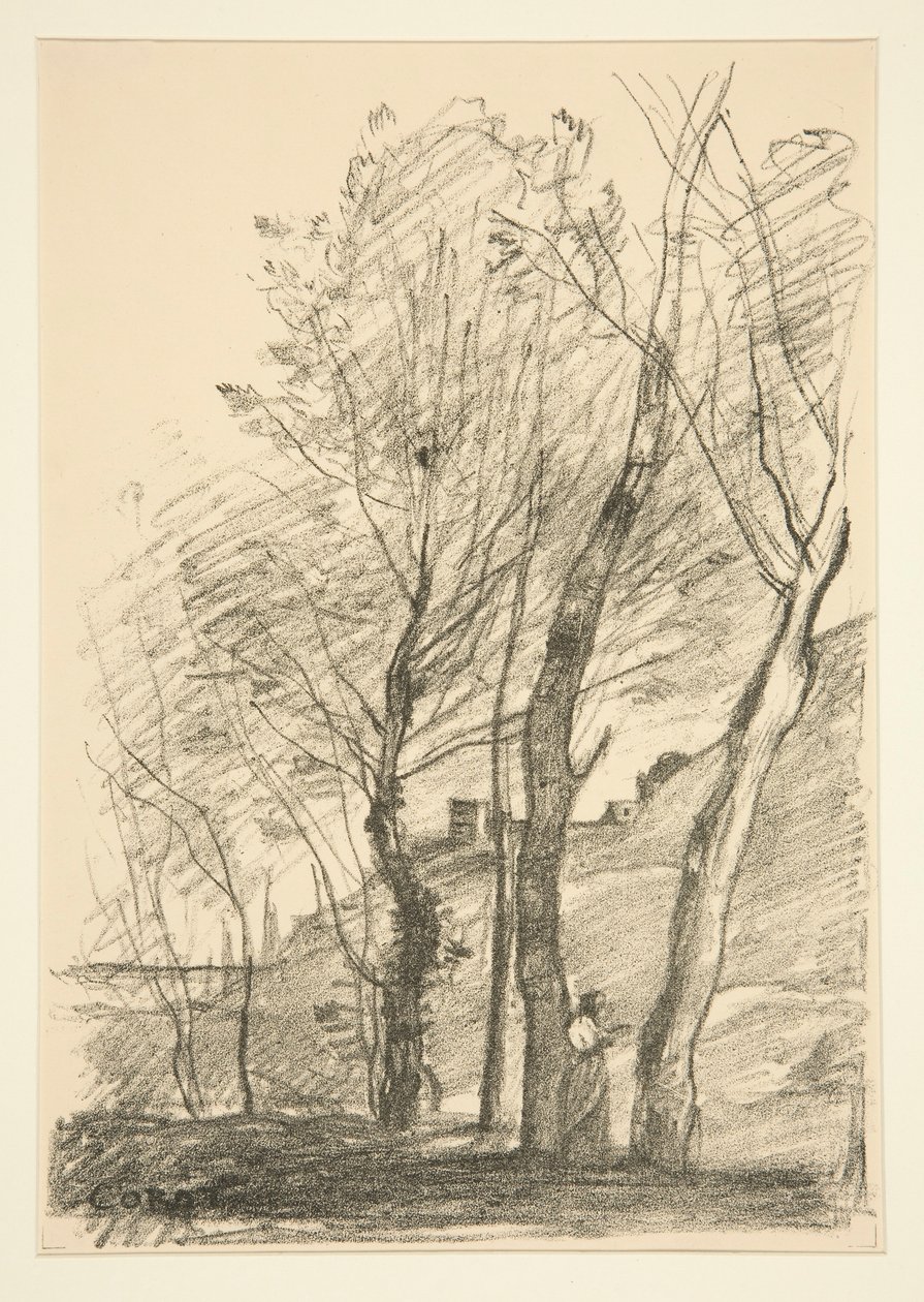Lezen onder de bomen door Jean Baptiste Camille Corot