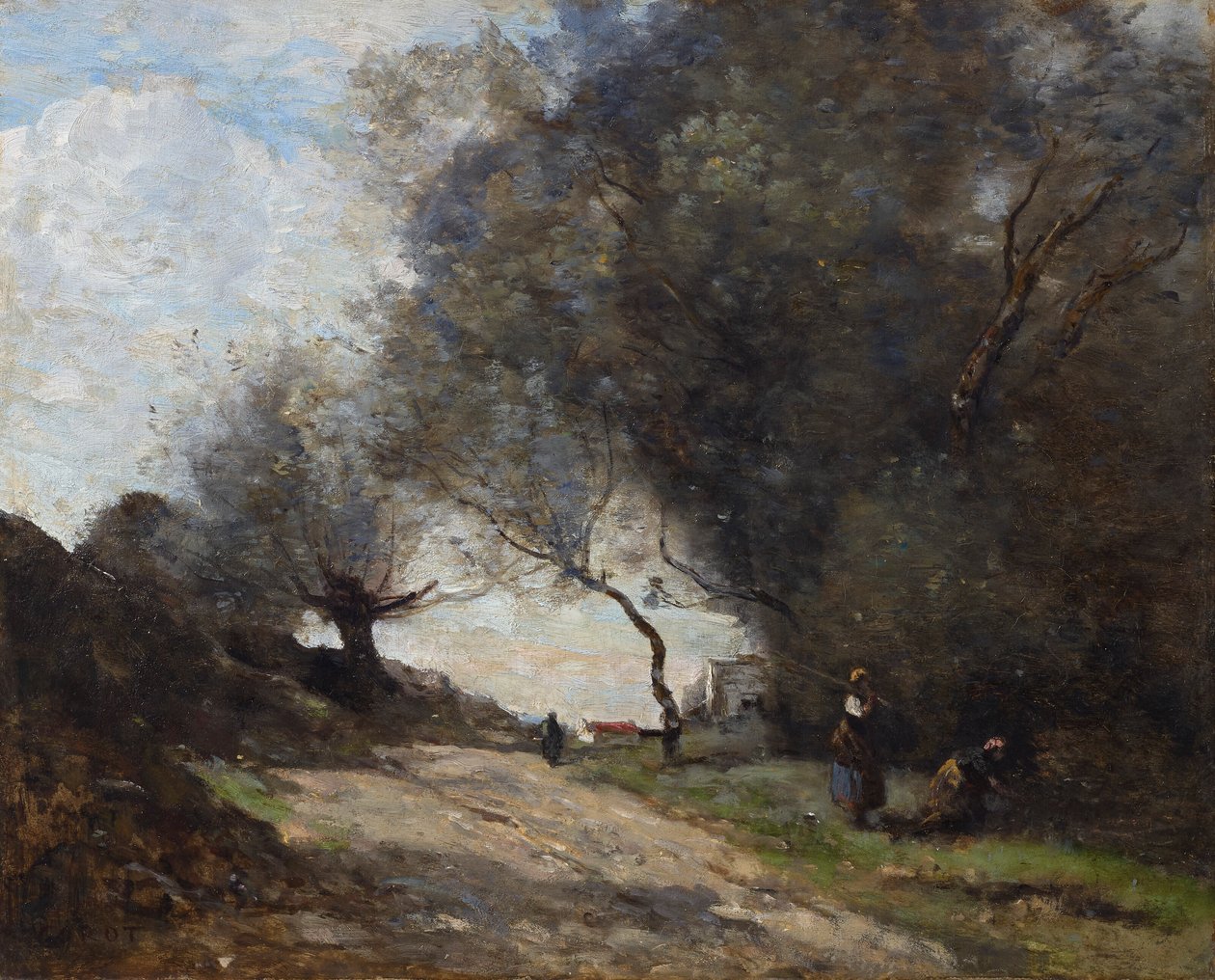 Plukken langs de kant van de weg door Jean Baptiste Camille Corot