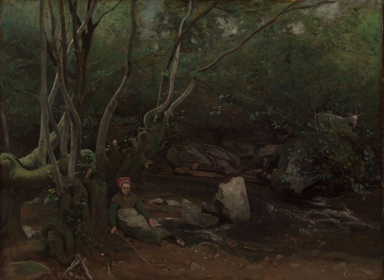 Lormes: Geitenmeisje zittend naast een stroom in een bos door Jean Baptiste Camille Corot