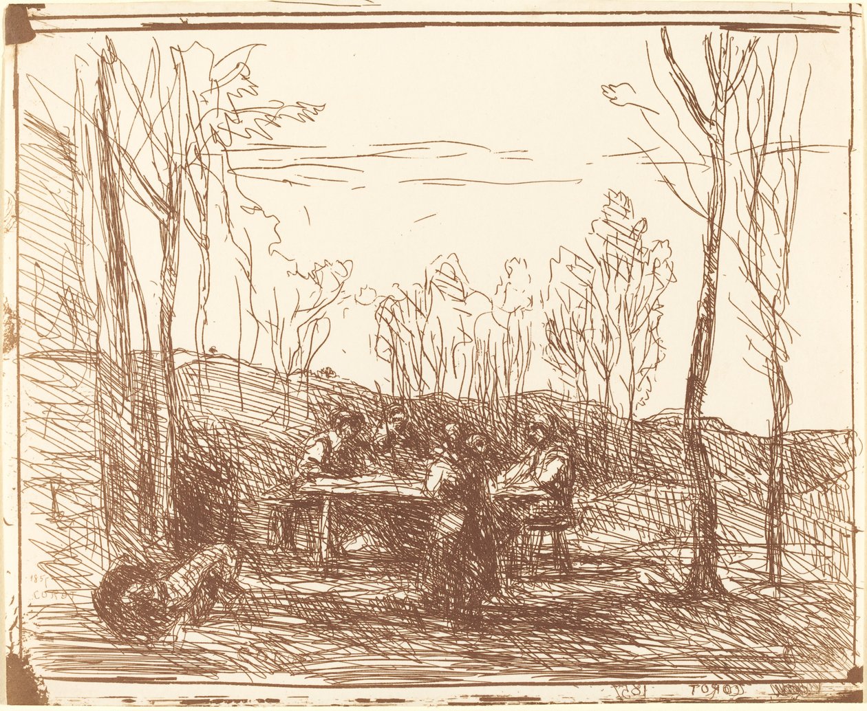 Lunch in een Open plek Un Déjeuner dans la clairière door Jean Baptiste Camille Corot