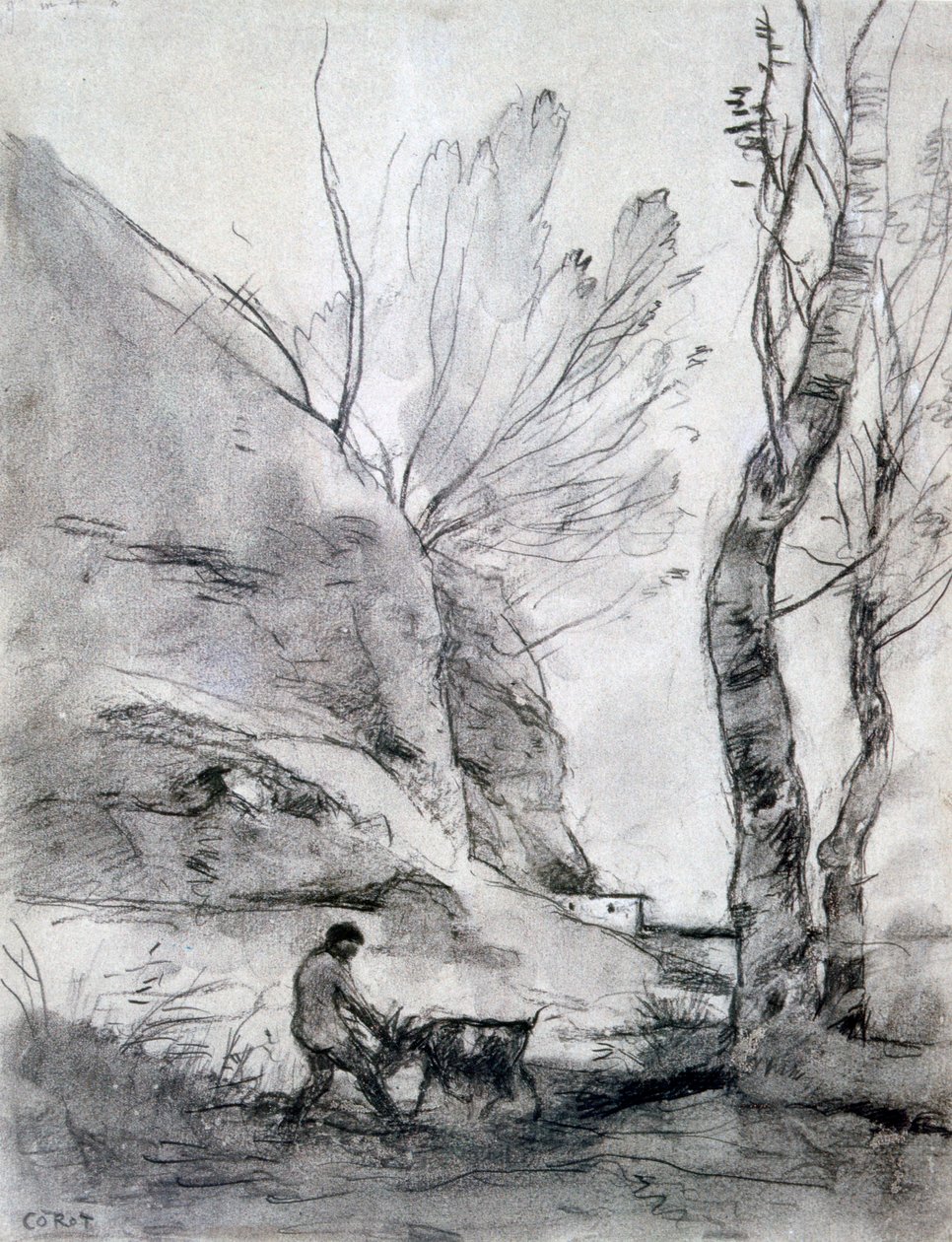 Man worstelt met een geit, ca. 1816-1875 door Jean Baptiste Camille Corot