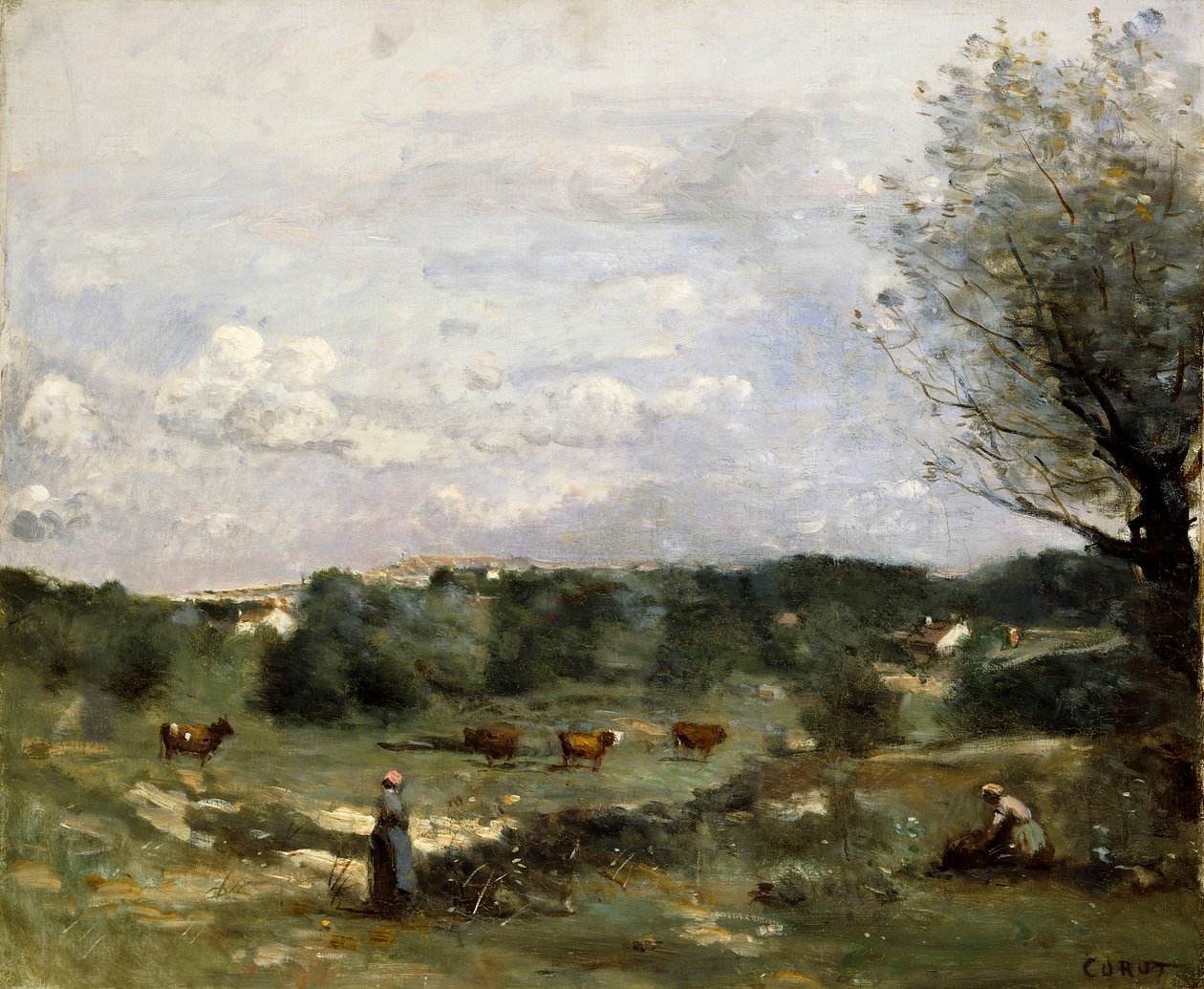Weide met Koeien, een Wilg aan de rechterkant en een Verafgelegen Dorp door Jean Baptiste Camille Corot