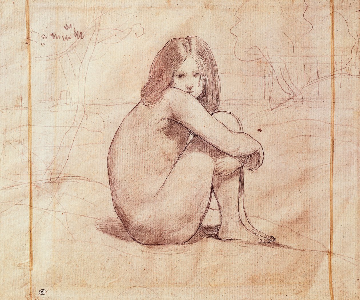 Naakt meisje zittend, tekening door Jean-Baptiste-Camille Corot (1796-1875) door Jean Baptiste Camille Corot