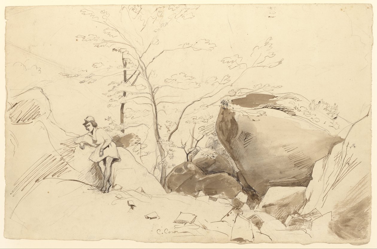 Pen en bruine inkt, penseel en bruin gewassen over potlood op papier door Jean Baptiste Camille Corot