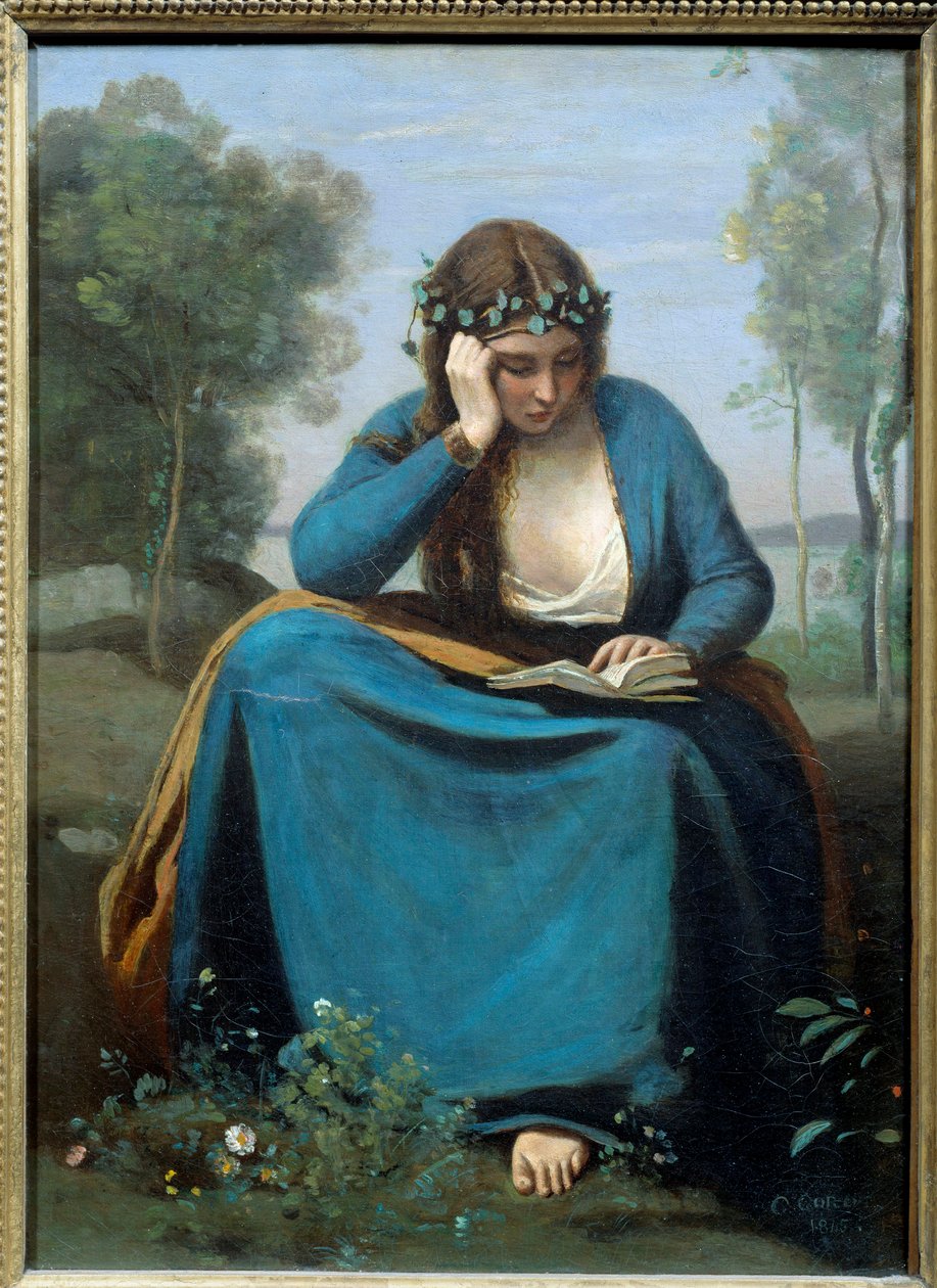 Lezer gekroond met bloemen of de Muze door Virgile door Jean Baptiste Camille Corot