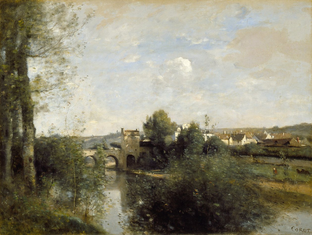 Seine en Oude Brug bij Limay door Jean Baptiste Camille Corot